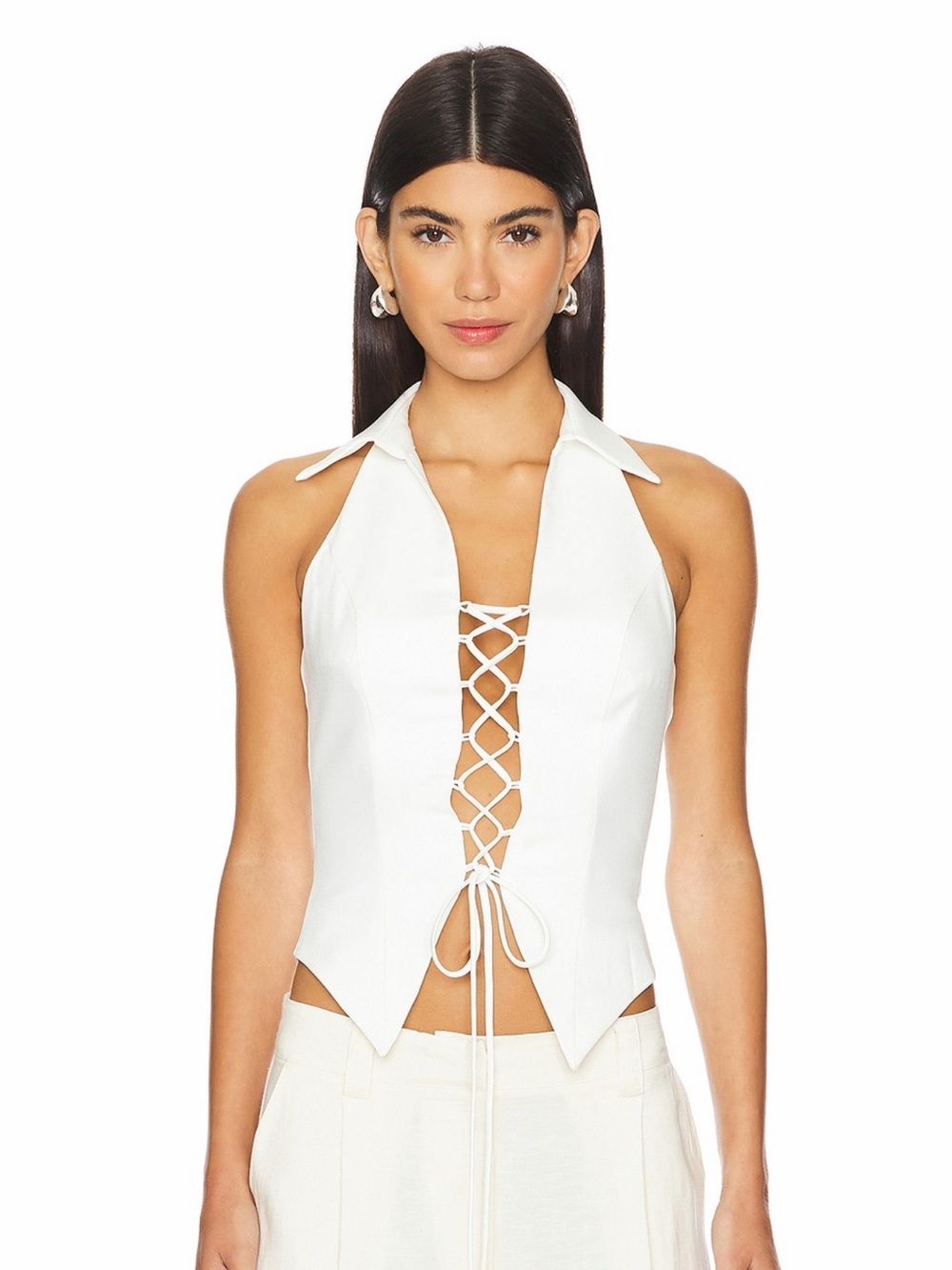 White Lace-Up Halter Collared Top